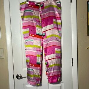 Vintage Y2K 100%silk palazzo pants multicolor pink purple mod print pockets S